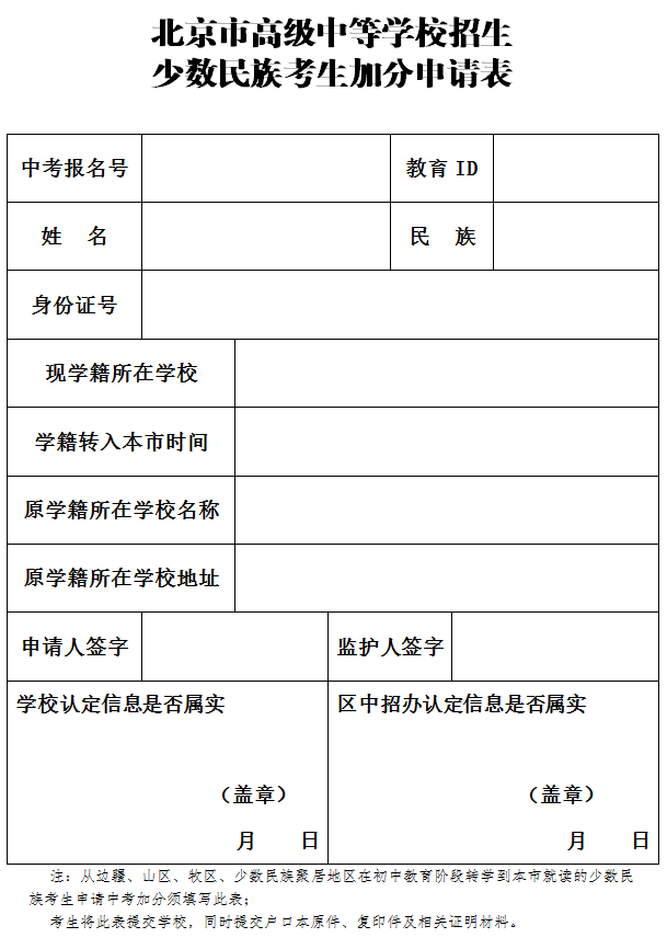 北京市高级中等学校招生少数民族考生加分申请表