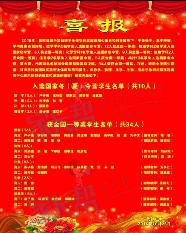 2019年武汉武钢三中学科竞赛喜报